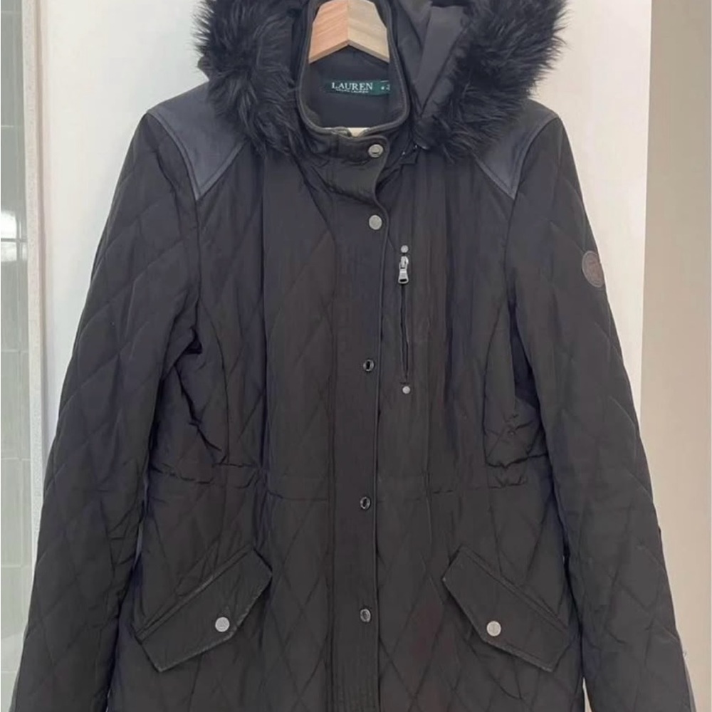 Ralph Lauren Black Quilted Ski Jacket with Faux Fur Hood